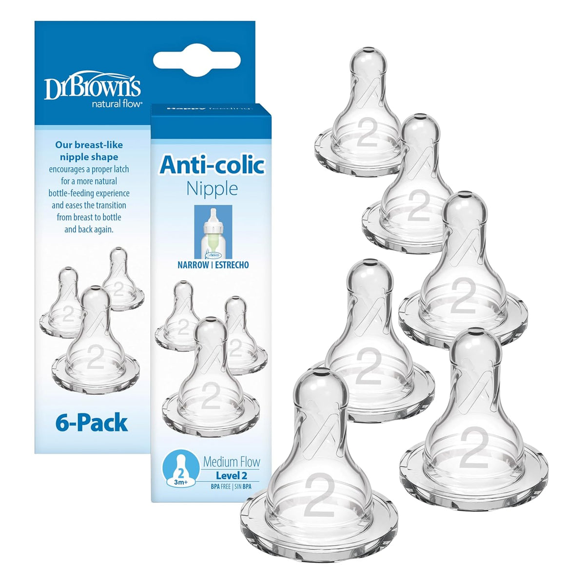 Dr. Brown’s Narrow Level 2 Medium Flow Nipple, 3m+, 6-Pack Jansha Store