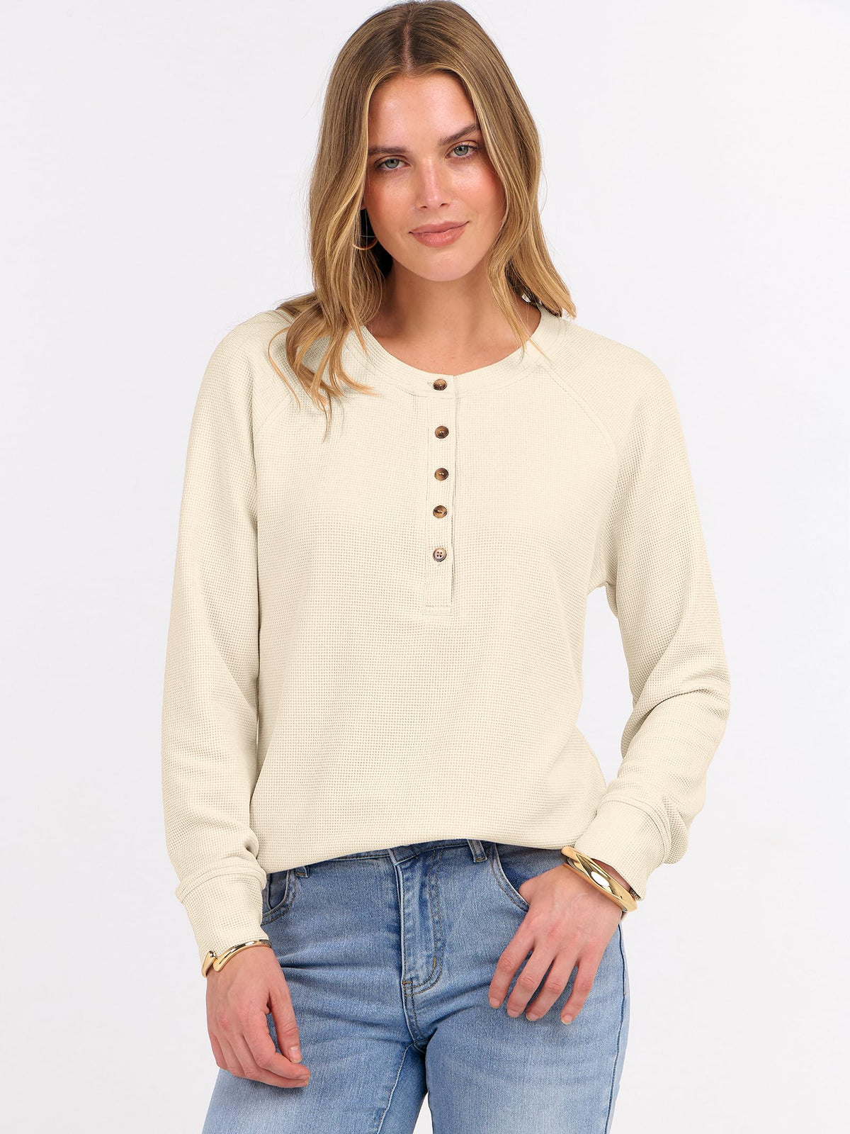 ANRABESS Women's Waffle Knit Henley Top Long Sleeve Shirts Jansha Store