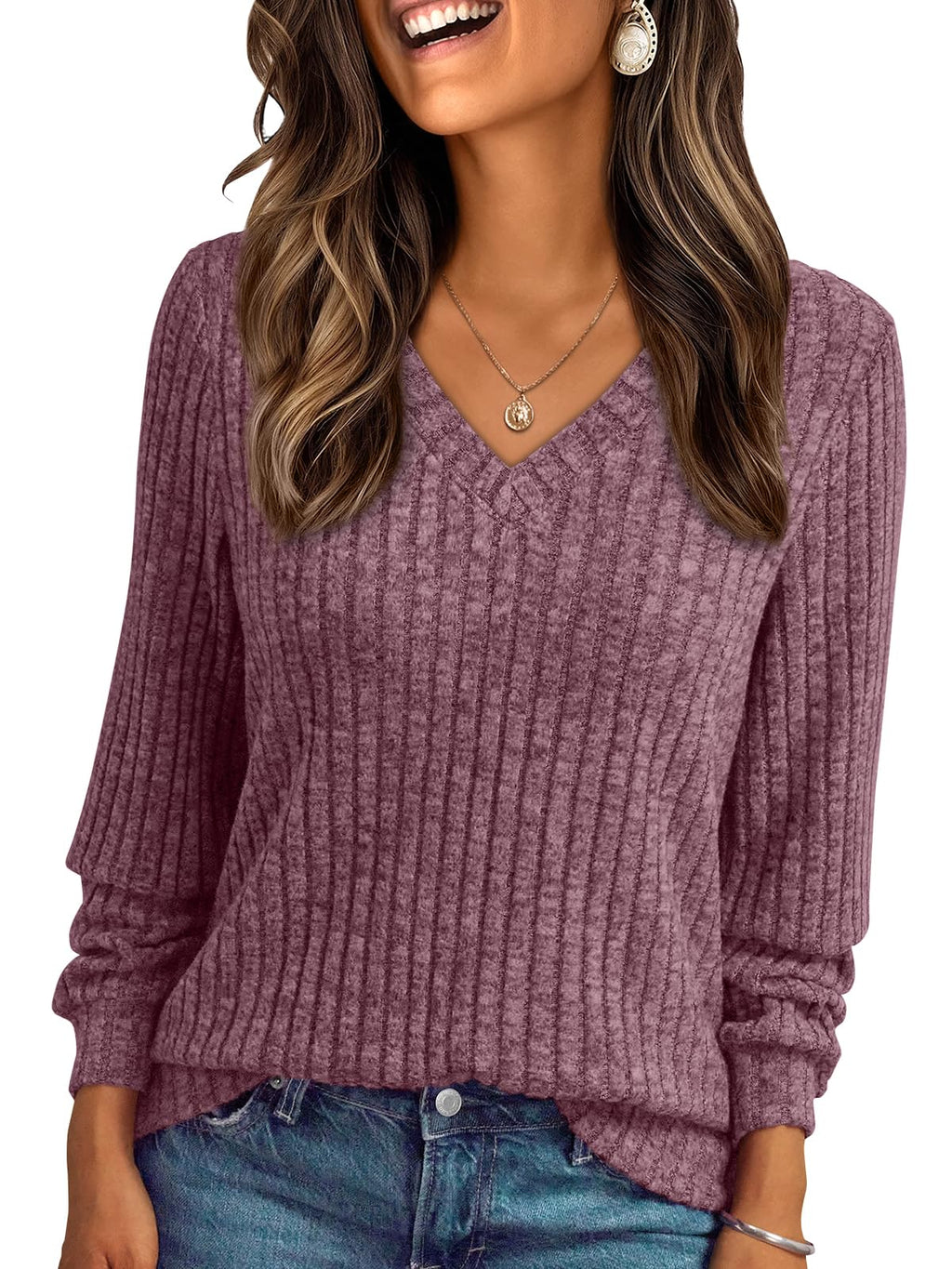 AUTOMET Womens V Neck Long Sleeve Shirts Fall Tops 2026 Lightweight Sweater Jansha Store
