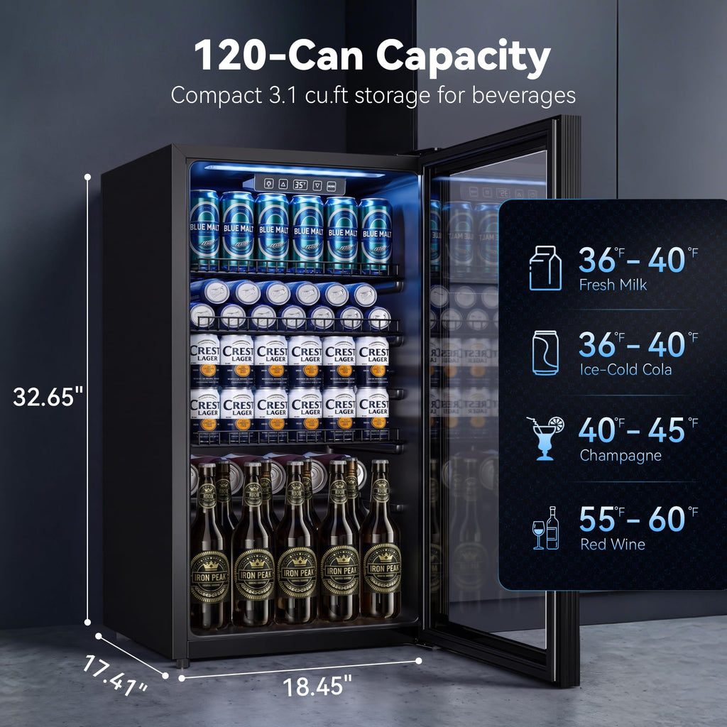 130 Can Beverage Refrigerator, 3.2 Cu.ft Fridge, Glass Door Jansha Store