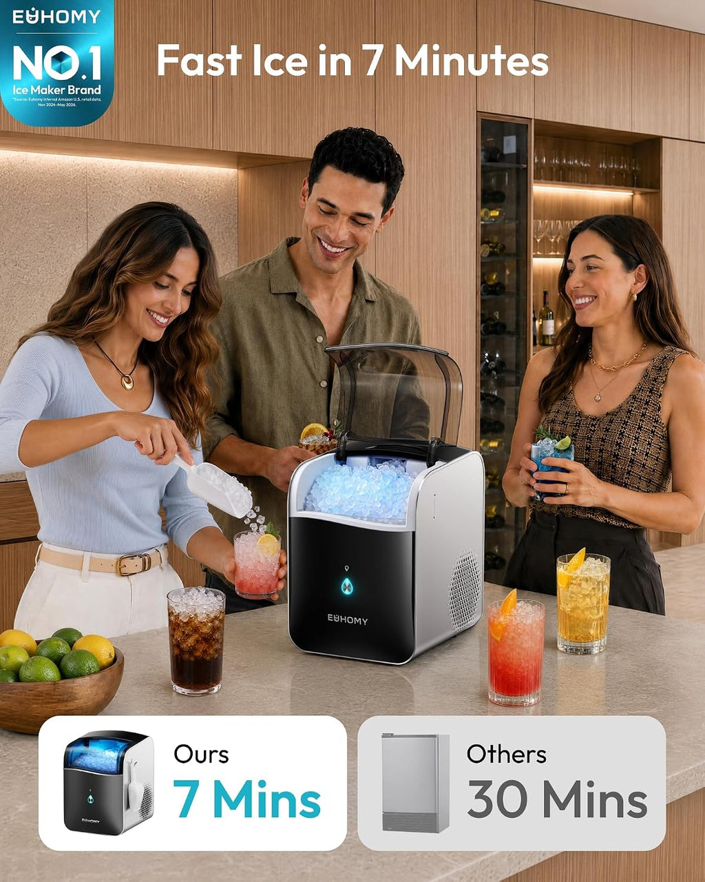 EUHOMY Smart Nugget Ice Maker Countertop, 42lbs/24H, Ready in 7 Mins, Portable Sonic Ice Maker with APP/Alexa Control, Self-Cleaning, Pebble Ice Makers with Hanging Ice Scoop for Home/Office Jansha Store