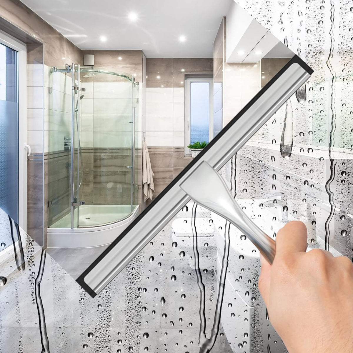 All-Purpose Stainless Steel Shower Squeegee for Shower Glass Door with 2 Adhesive Hooks, Bathroom Cleaner Tool Household Window Mirror Squeegee , Cleaning Tile Wall, Car, 10 Inch Silver Jansha Store