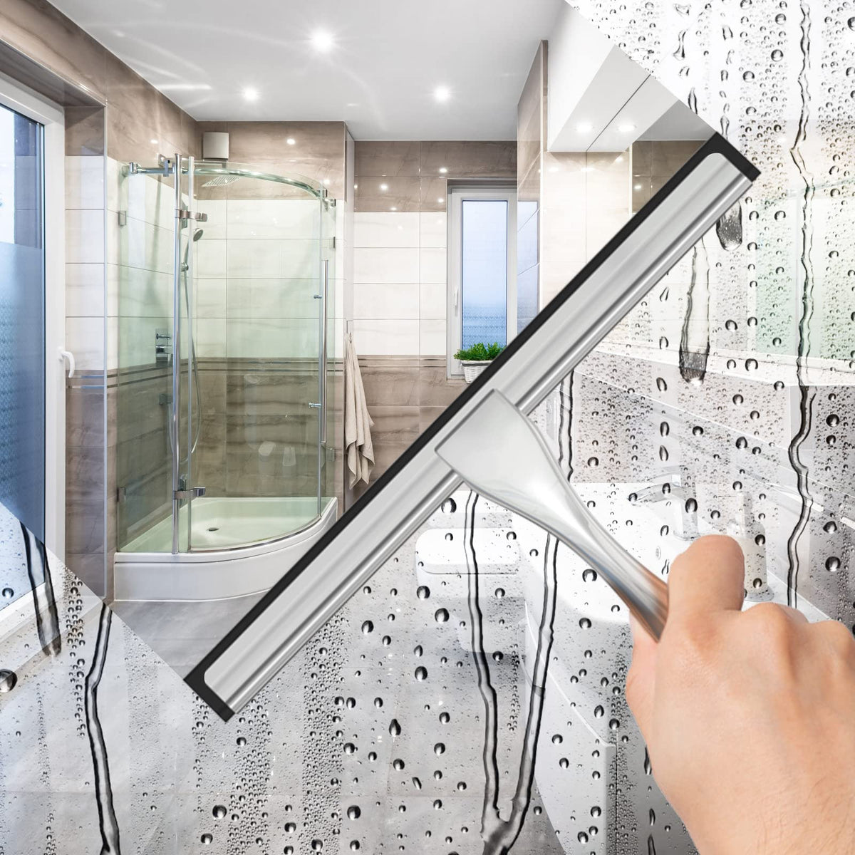 All-Purpose Stainless Steel Shower Squeegee for Shower Glass Door with 2 Adhesive Hooks, Bathroom Cleaner Tool Household Window Mirror Squeegee , Cleaning Tile Wall, Car, 10 Inch Silver Jansha Store