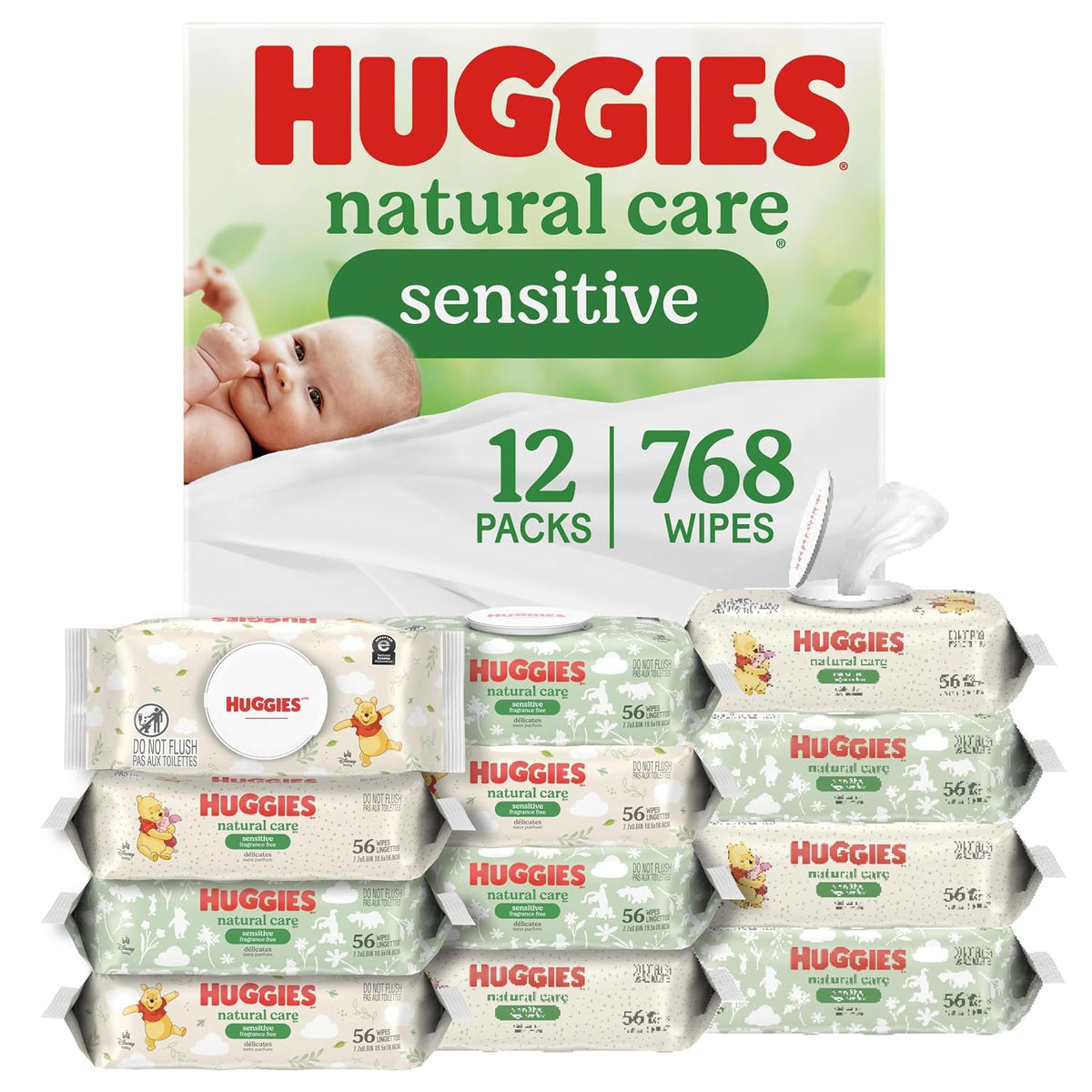 Huggies Natural Care Sensitive Baby Wipes, Unscented, Hypoallergenic, 99% Purified Water, 12 Flip-Top Packs (768 Wipes Total), Packaging May Vary Jansha Store