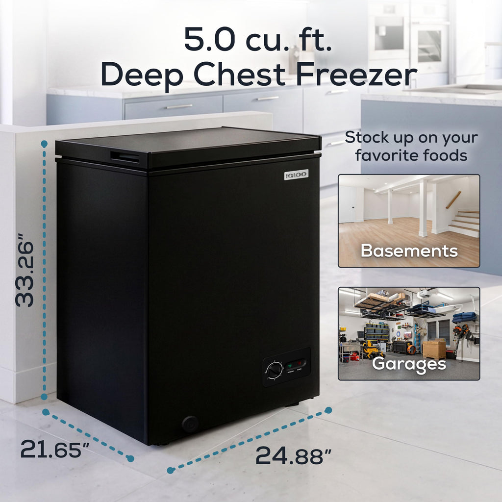 Igloo 5.0 Cu Ft Upright Deep Freezer Chest- Deep Freezer with Quick Freezing System & Adjustable Thermostat - Low Noise Freezer with Removable Basket & LED Lights for Homes, Garages & Basements- White Jansha Store