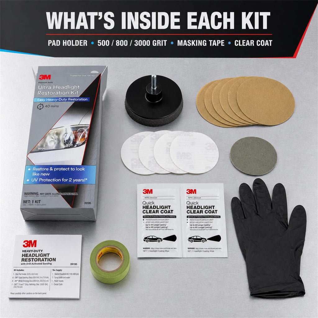 3M Ultra Headlight Restoration Kit, Contains Masking Tape, Light Sanding Discs, Wax Protectant and More, Use on Plastic Lenses Headlights, Taillights and More, Easy Heavy-Duty Restoration (39195) Jansha Store