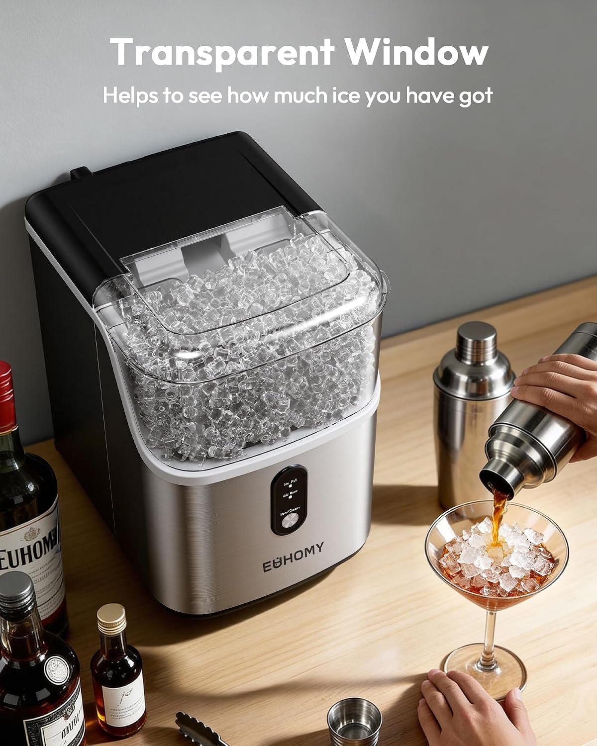 EUHOMY Nugget Ice Maker Countertop, Ready in 7 Mins, 34Lbs/24H Pebble Ice Maker Machine, Self-Cleaning Countertop Sonic Ice Makers with Ice Scoop&Basket, Pellet Ice Maker for Home, Stainless Steel Jansha Store