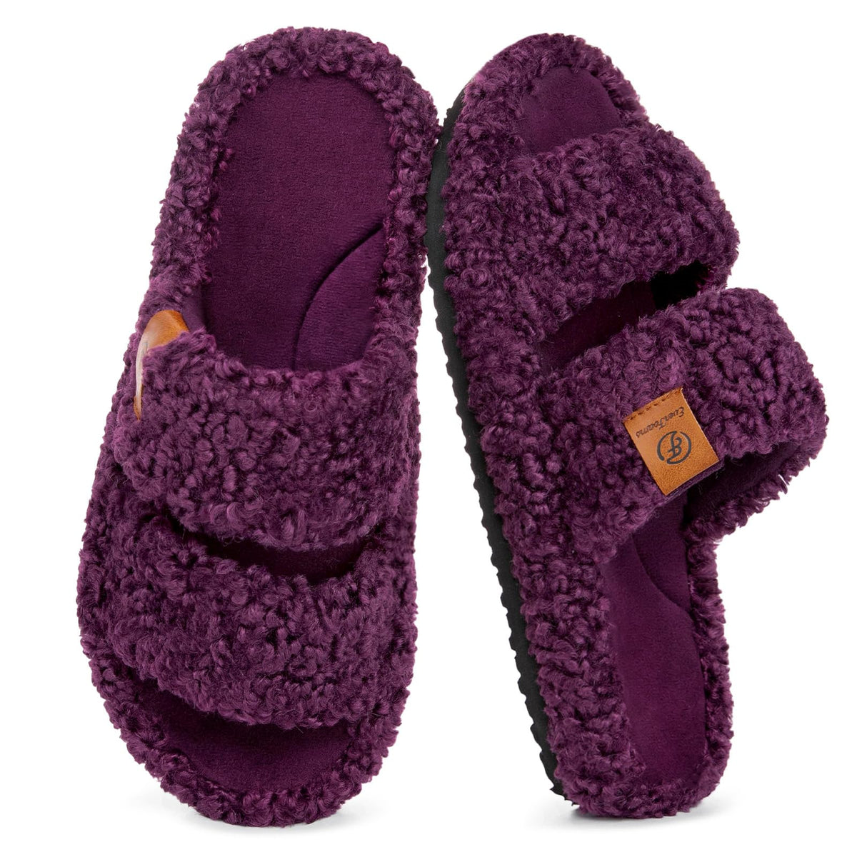 EverFoams fuzzy slippers displayed at a three-quarter angle highlighting the toe opening