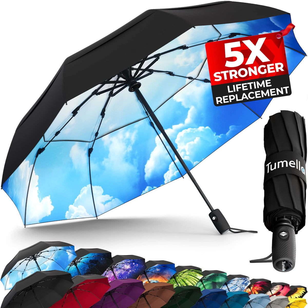 TUMELLA Strongest Windproof Travel Umbrella (Compact, 100MPH Wind-Tested), Light, Portable, One-Handed Use, Automatic Folding Rain Umbrella, Durable, Premium Grip, Fits Car & Backpack Jansha Store