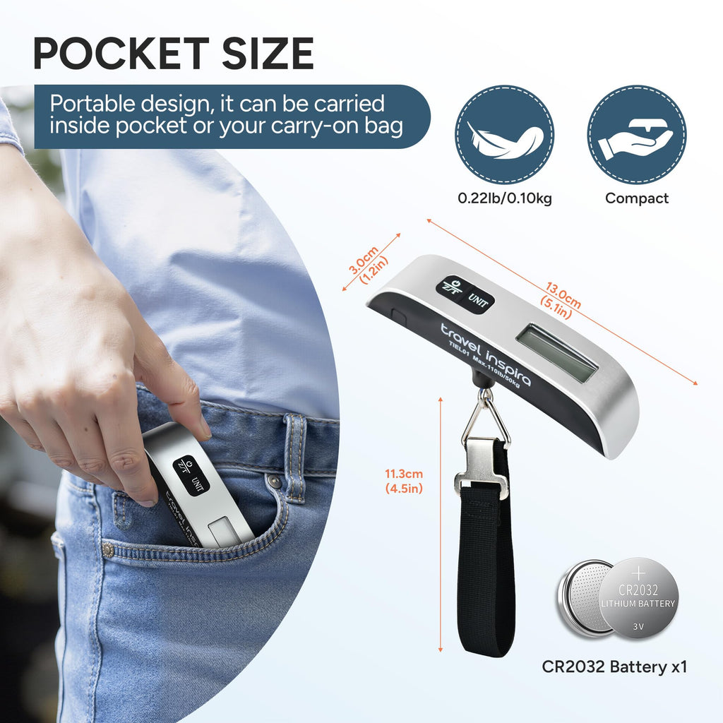 travel inspira Digital Luggage Scale – Portable Hanging Suitcase Weight Scale for Travel, 110 lb Capacity, Backlit LCD Display, Prevents Airport Overweight Fees, Battery Included Jansha Store