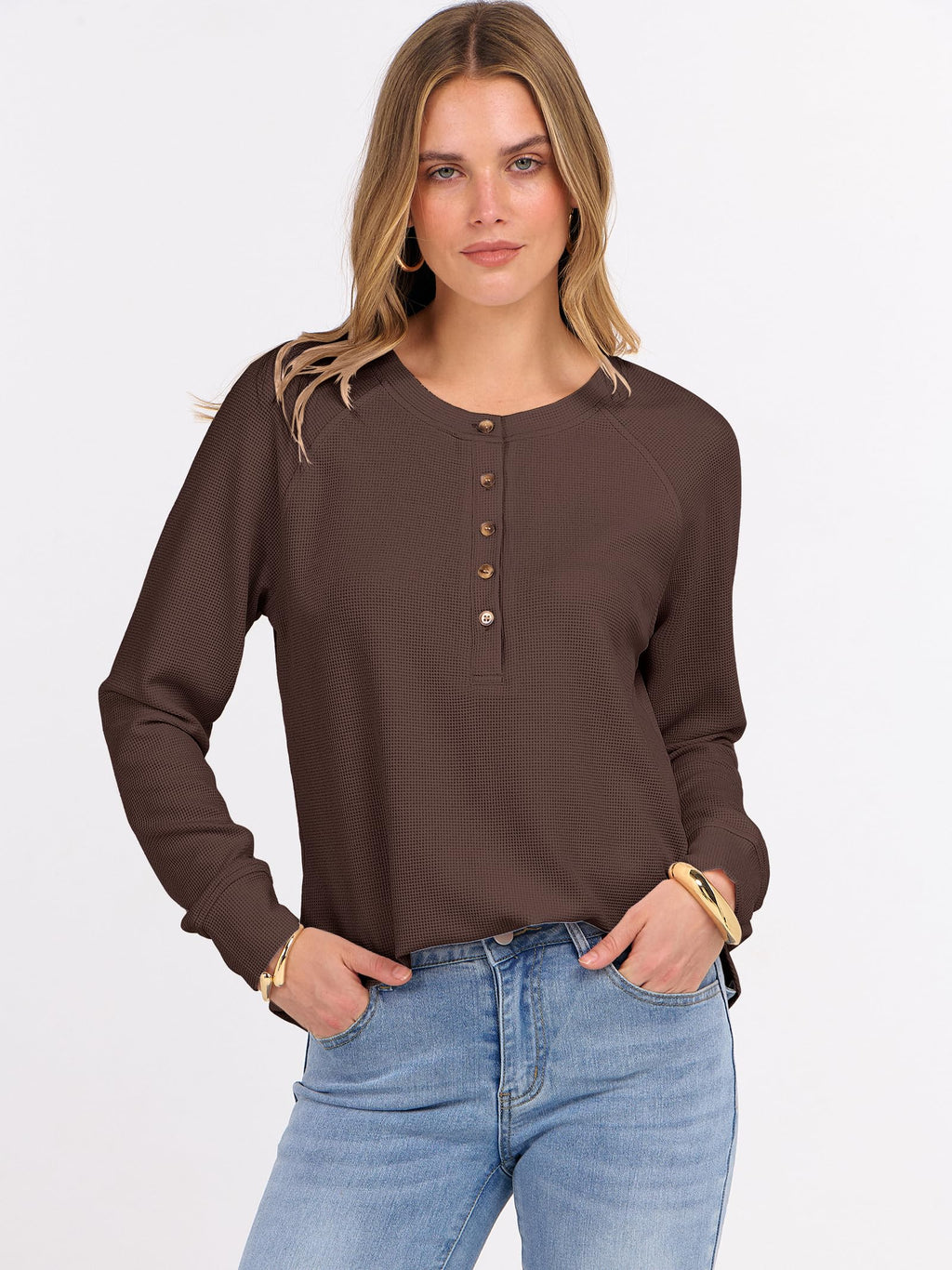 ANRABESS Women's Waffle Knit Henley Top Long Sleeve Shirts Jansha Store