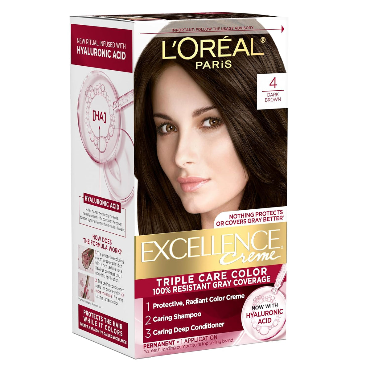 L'Oreal Paris Excellence Crème Permanent Hair Dye, Triple Care Hair Color with Hyaluronic Acid for 100% Gray Coverage, 4 Dark Brown, 1 Kit (Packaging May Vary) Jansha Store