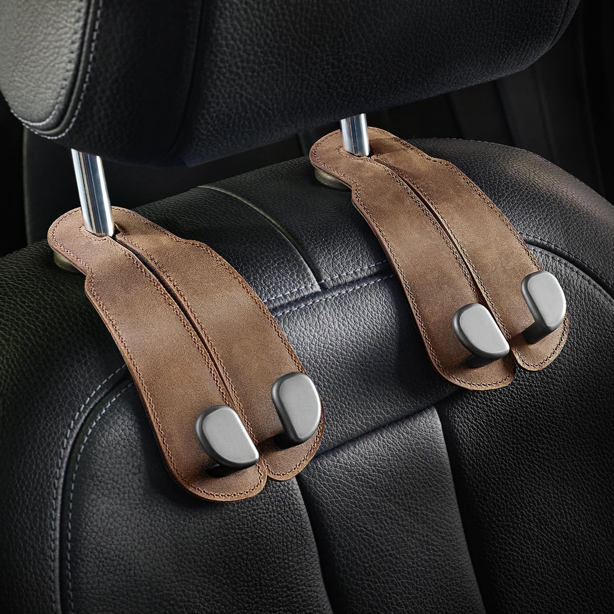 CoBak Purse Hook for Car - Universal Premium Stitched Leather and Aluminum-Magnesium Alloy Double Car Seat Back Storage Hook for Purses, Handbags, Bags (2 Pack),Black Jansha Store
