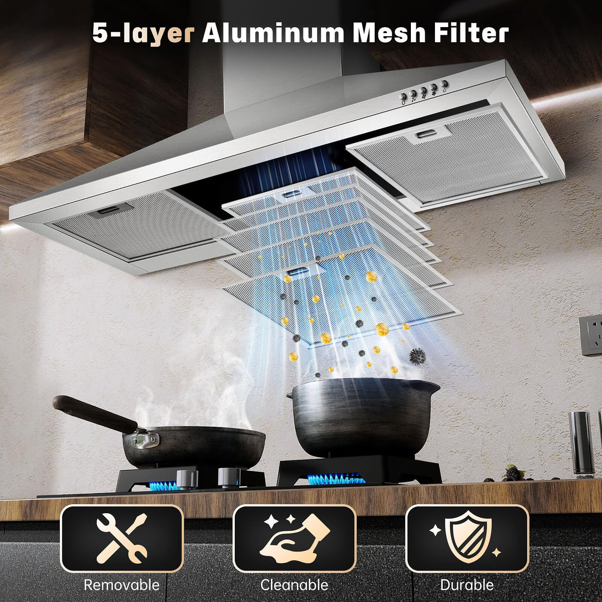 SNDOAS Black Range Hood,Wall Mount Range Hood 30 inch,Stainless Steel Kitchen Hood with Ducted/Ductless Convertible,Stove Vent Hood,Aluminum Filters,3 Speed Exhaust Fan,LED Light,Button Control Jansha Store