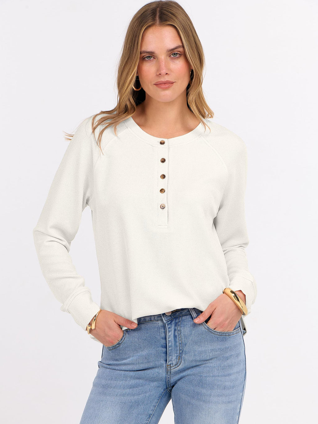 ANRABESS Women's Waffle Knit Henley Top Long Sleeve Shirts Jansha Store