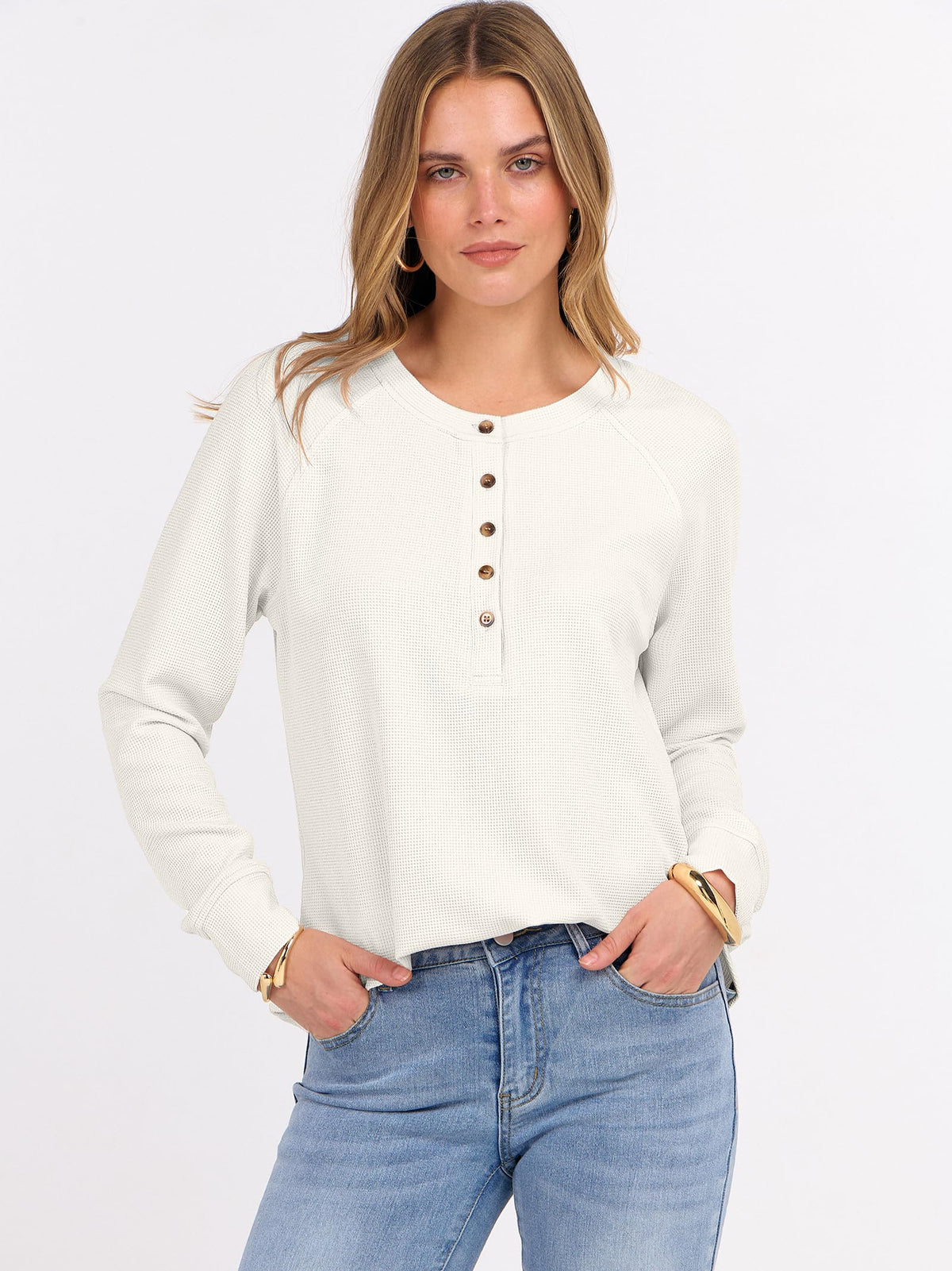 ANRABESS Women's Waffle Knit Henley Top Long Sleeve Shirts Jansha Store