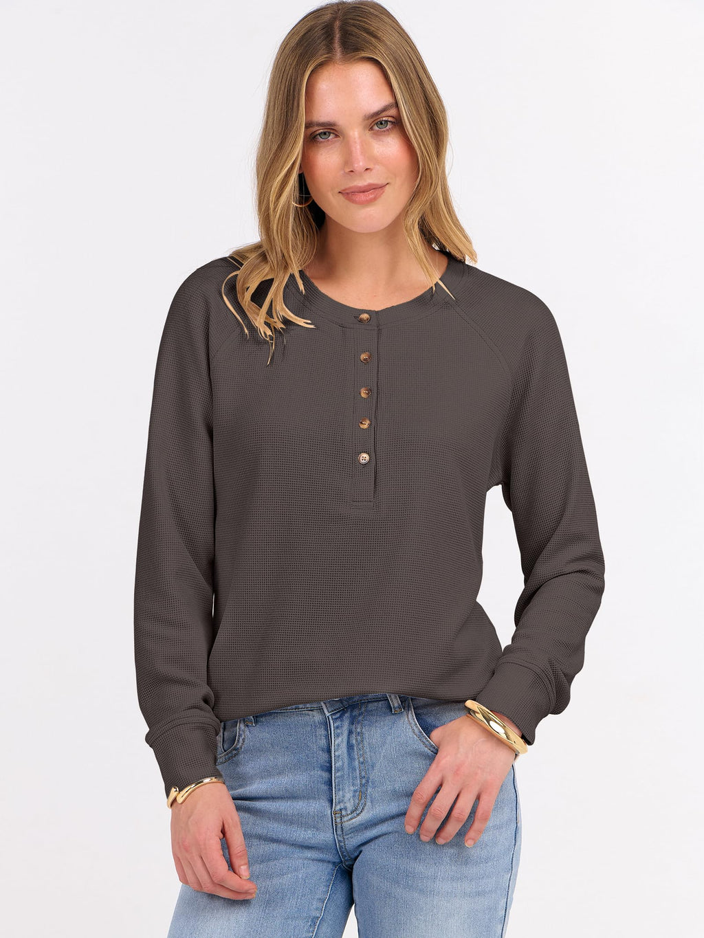 ANRABESS Women's Waffle Knit Henley Top Long Sleeve Shirts Jansha Store