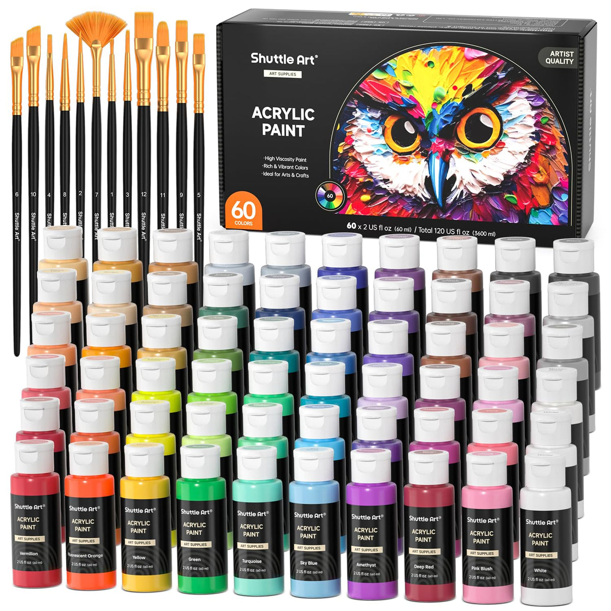 Shuttle Art Acrylic Paint, 36 Colors Acrylic Paint Set with Brushes & Palette, 2oz/60ml Bottles, Rich Pigments Non-toxic for Artists Kids & Adults, Painting on Canvas Rocks Ceramic Wood Jansha Store