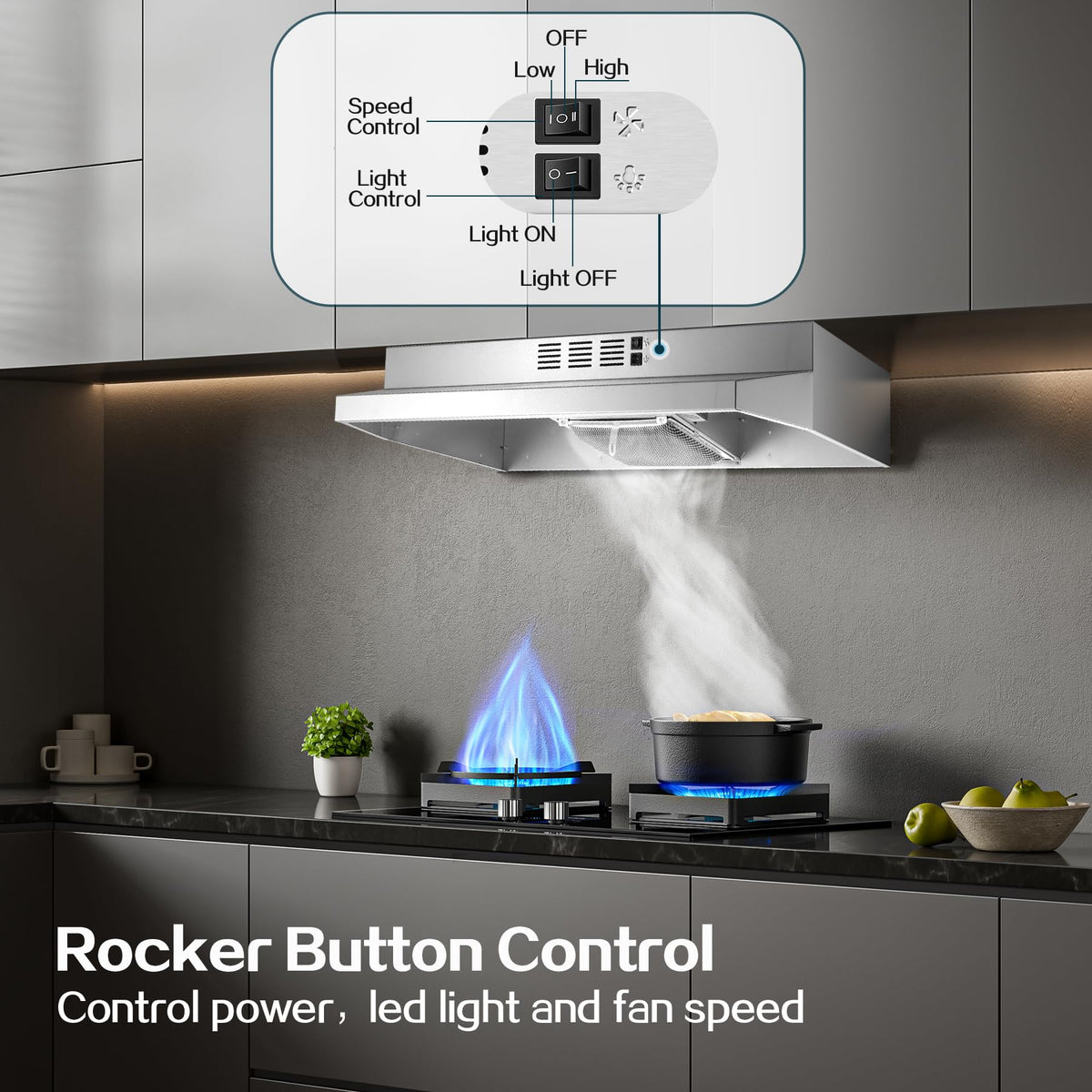 Range Hood 30 inch Under Cabinet, Stainless Steel Kitchen Vent Hood 280CFM, Built-in Kitchen Stove Hood w/Rocker Button Control, Ducted/Ductless Convertible Duct, 2 Speeds Fan, Bright LED Light Jansha Store