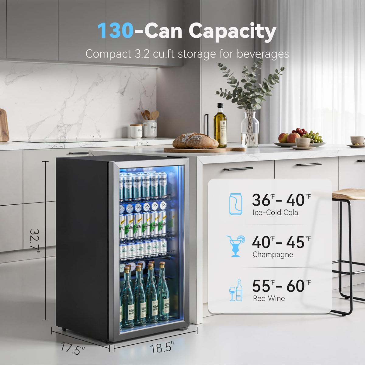 130 Can Beverage Refrigerator, 3.2 Cu.ft Fridge, Glass Door Jansha Store