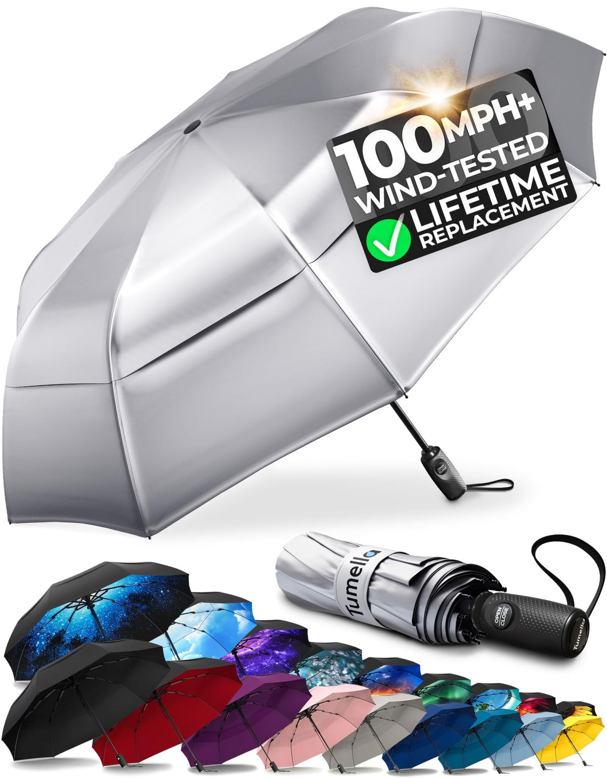 TUMELLA Strongest Windproof Travel Umbrella (Compact, 100MPH Wind-Tested), Light, Portable, One-Handed Use, Automatic Folding Rain Umbrella, Durable, Premium Grip, Fits Car & Backpack Jansha Store