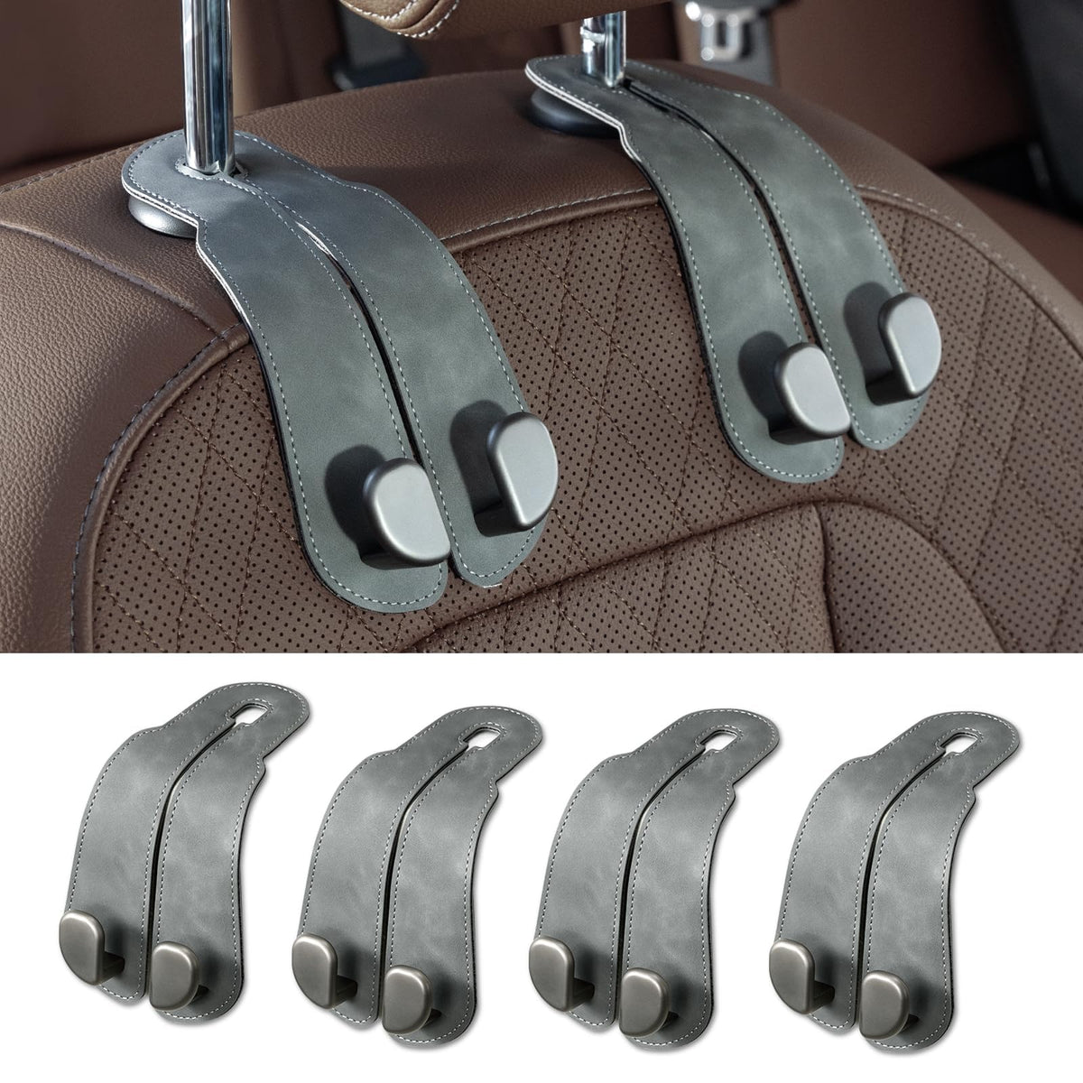 CoBak Purse Hook for Car - Universal Premium Stitched Leather and Aluminum-Magnesium Alloy Double Car Seat Back Storage Hook for Purses, Handbags, Bags (2 Pack),Black Jansha Store