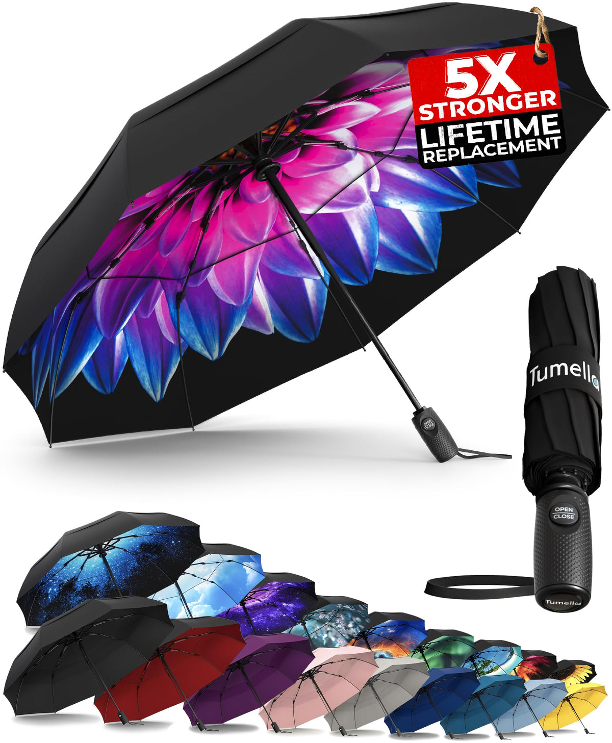 TUMELLA Strongest Windproof Travel Umbrella (Compact, 100MPH Wind-Tested), Light, Portable, One-Handed Use, Automatic Folding Rain Umbrella, Durable, Premium Grip, Fits Car & Backpack Jansha Store