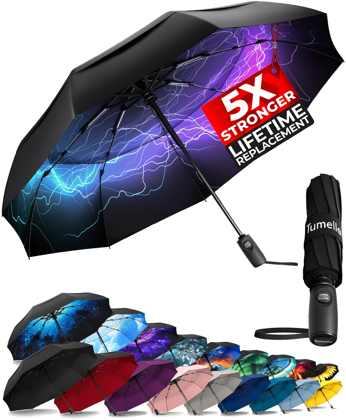 TUMELLA Strongest Windproof Travel Umbrella (Compact, 100MPH Wind-Tested), Light, Portable, One-Handed Use, Automatic Folding Rain Umbrella, Durable, Premium Grip, Fits Car & Backpack Jansha Store