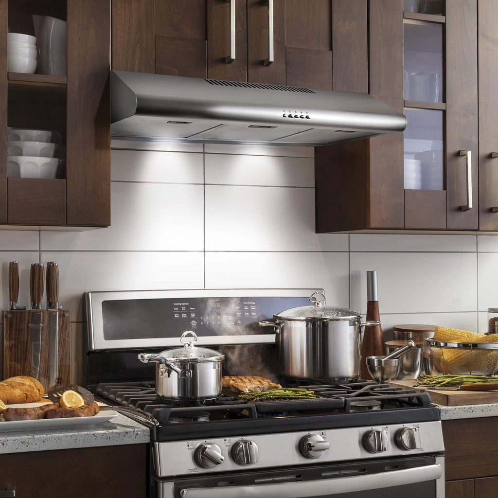 COSMO COS-5MU30 30 in. Delta Collection Ducted Under Cabinet Range Hood, Button Controls, Reusable Filters, LED Lights, Stainless Steel Jansha Store