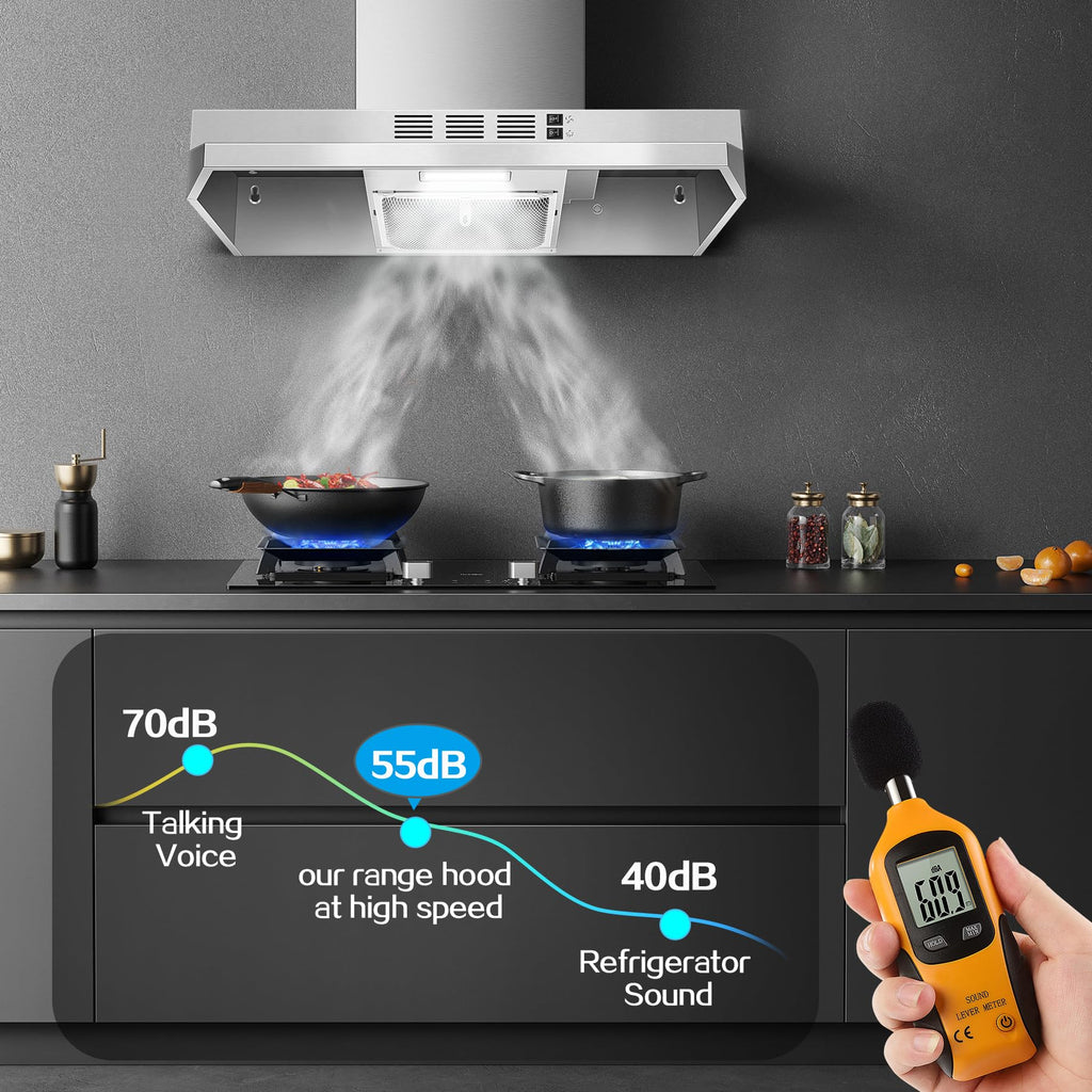 Range Hood 30 inch Under Cabinet, Stainless Steel Kitchen Vent Hood 280CFM, Built-in Kitchen Stove Hood w/Rocker Button Control, Ducted/Ductless Convertible Duct, 2 Speeds Fan, Bright LED Light Jansha Store