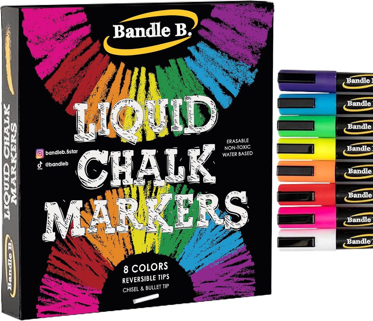 Bandle B. Chalk Markers - 8 Vibrant, Erasable, Non-Toxic, Water-Based, Reversible Tips. For Glass or Chalkboard Markers for Businesses, Restaurants, Liquid Drawing Chalk (Vibrant 6mm) Jansha Store