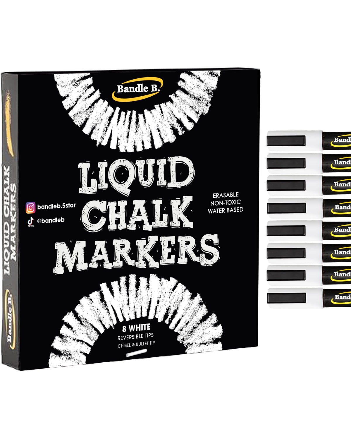 Bandle B. Chalk Markers - 8 Vibrant, Erasable, Non-Toxic, Water-Based, Reversible Tips. For Glass or Chalkboard Markers for Businesses, Restaurants, Liquid Drawing Chalk (Vibrant 6mm) Jansha Store