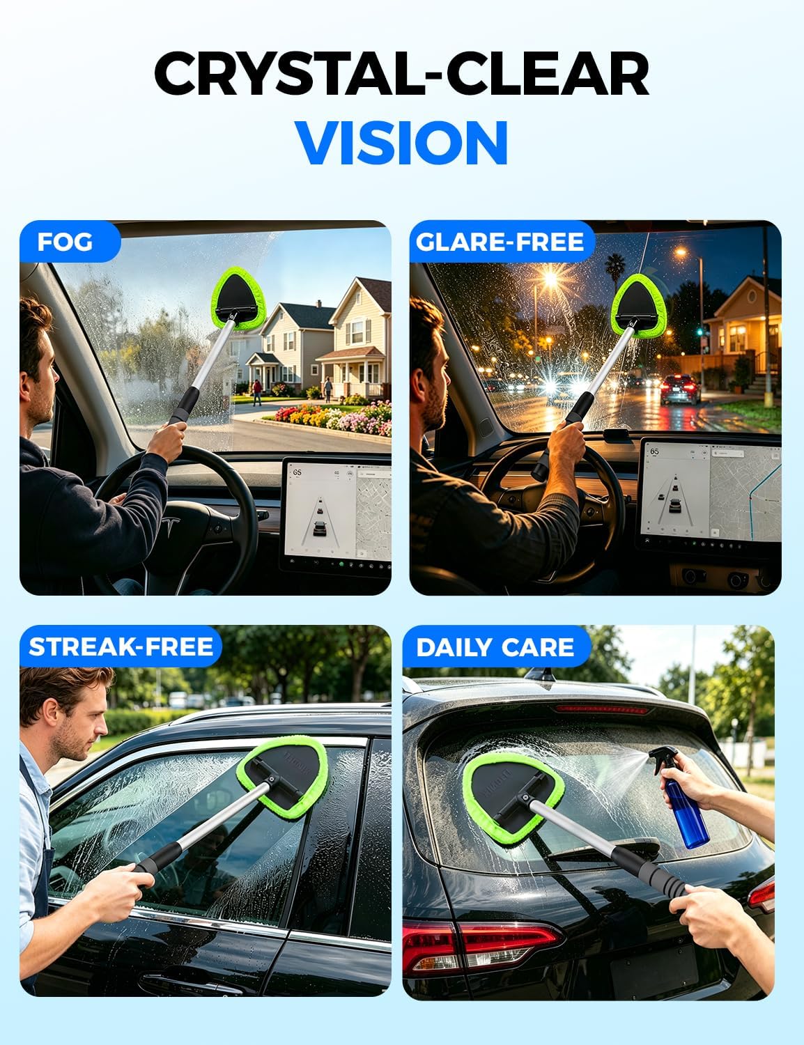 XINDELL Interior Windshield Cleaner Tool – Car Interior Window Cleaning Kit with Extendable Handle & 4 Microfiber Pads, Auto Wiper Inside Compact Windshield Brush for Car & Home Windows Jansha Store