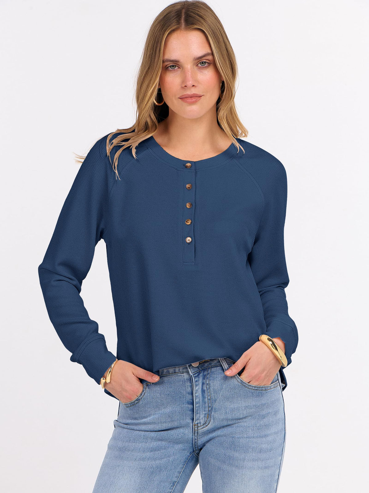 ANRABESS Women's Waffle Knit Henley Top Long Sleeve Shirts Jansha Store
