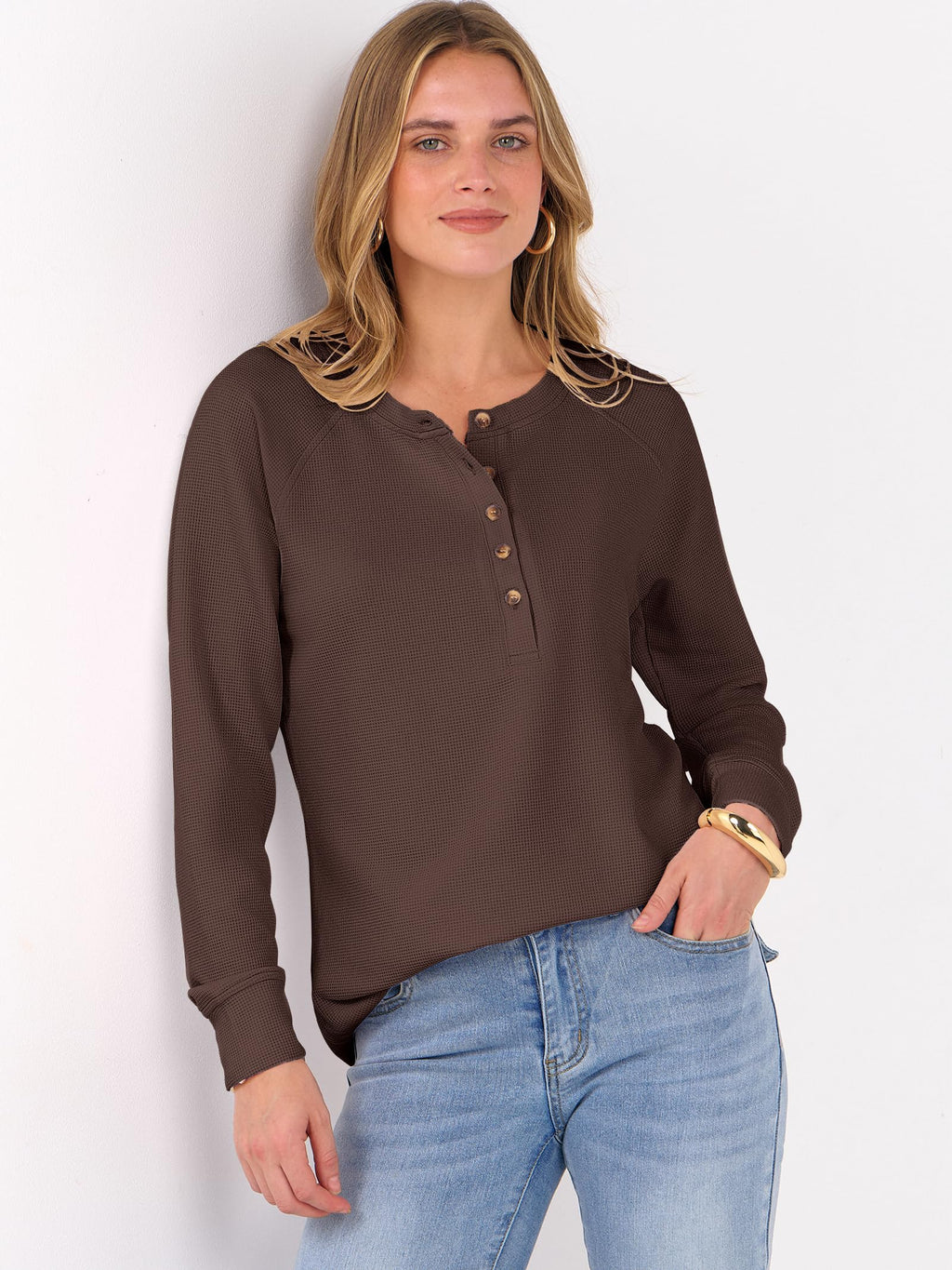 ANRABESS Women's Waffle Knit Henley Top Long Sleeve Shirts Jansha Store