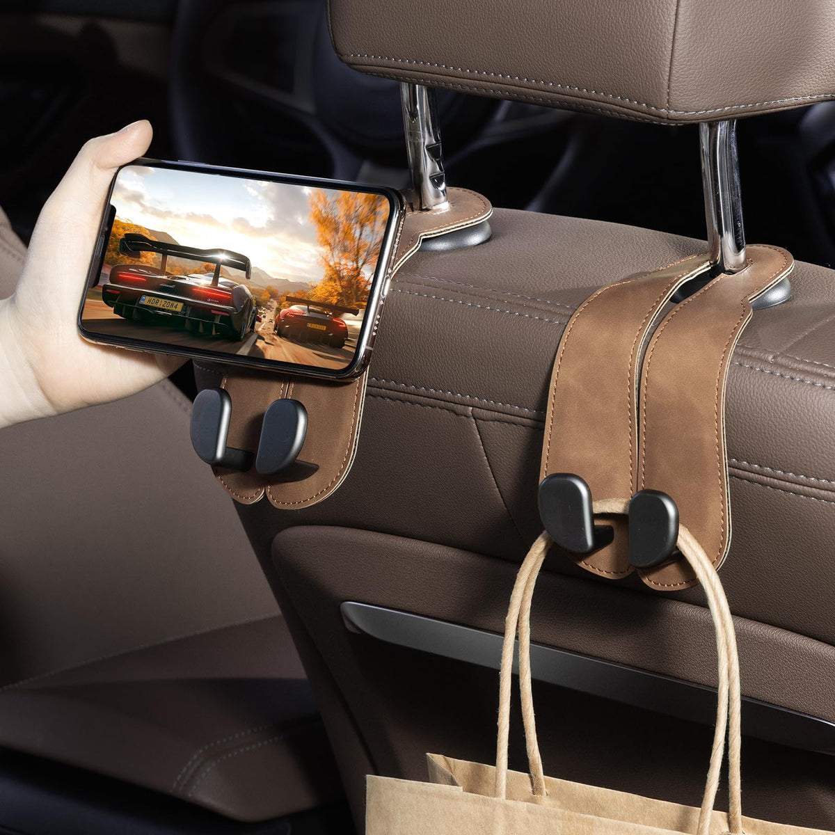CoBak Purse Hook for Car - Universal Premium Stitched Leather and Aluminum-Magnesium Alloy Double Car Seat Back Storage Hook for Purses, Handbags, Bags (2 Pack),Black Jansha Store