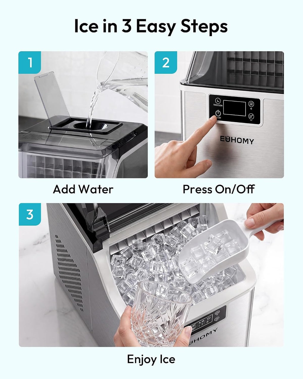EUHOMY Ice Cube Maker Machine Countertop, 45Lbs/Day, 24Pcs in 13 Mins Jansha Store