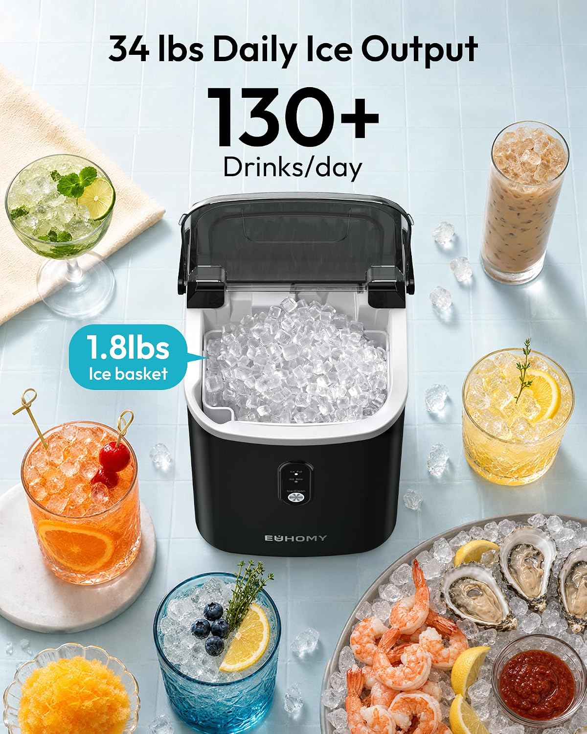 EUHOMY Nugget Ice Maker Countertop with Handle, Ready in 6 Mins, 34lbs Per Day, Removable Top Cover, Auto-Cleaning, Portable Sonic Ice Maker with Basket and Scoop, for Home/Party/RV/Camping (Black) Jansha Store