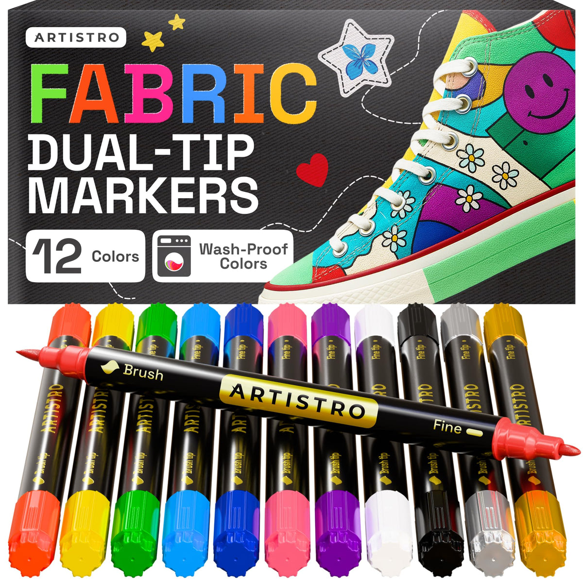 ARTISTRO 5 Black Dual-Tip Fabric Markers Decorating Kit, for Clothes Jansha Store