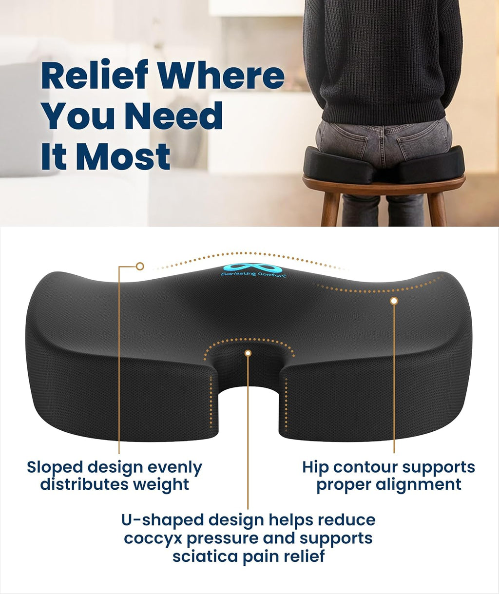 Everlasting Comfort Doctor Recommended Memory Foam Seat Cushion for Office Chairs & Car - Ergonomic Office Desk Accessories - Cushions for Tailbone Pain Relief, Sciatica (Black, Large) Jansha Store