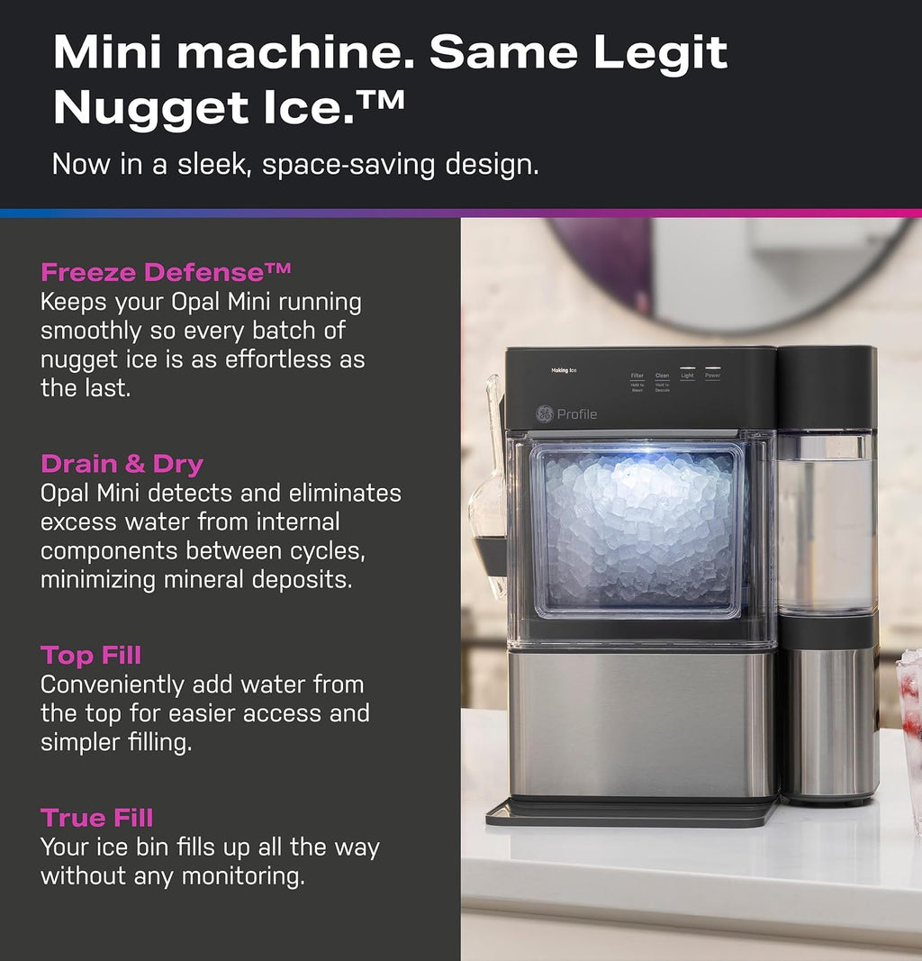 GE Profile Opal MINI PRO Nugget Ice Maker w/Side Tank, Portable Countertop Pebble Ice Machine, 36 lbs/Day, Top Fill, 6 Pack Descaler & Scoop, Stainless Steel Jansha Store
