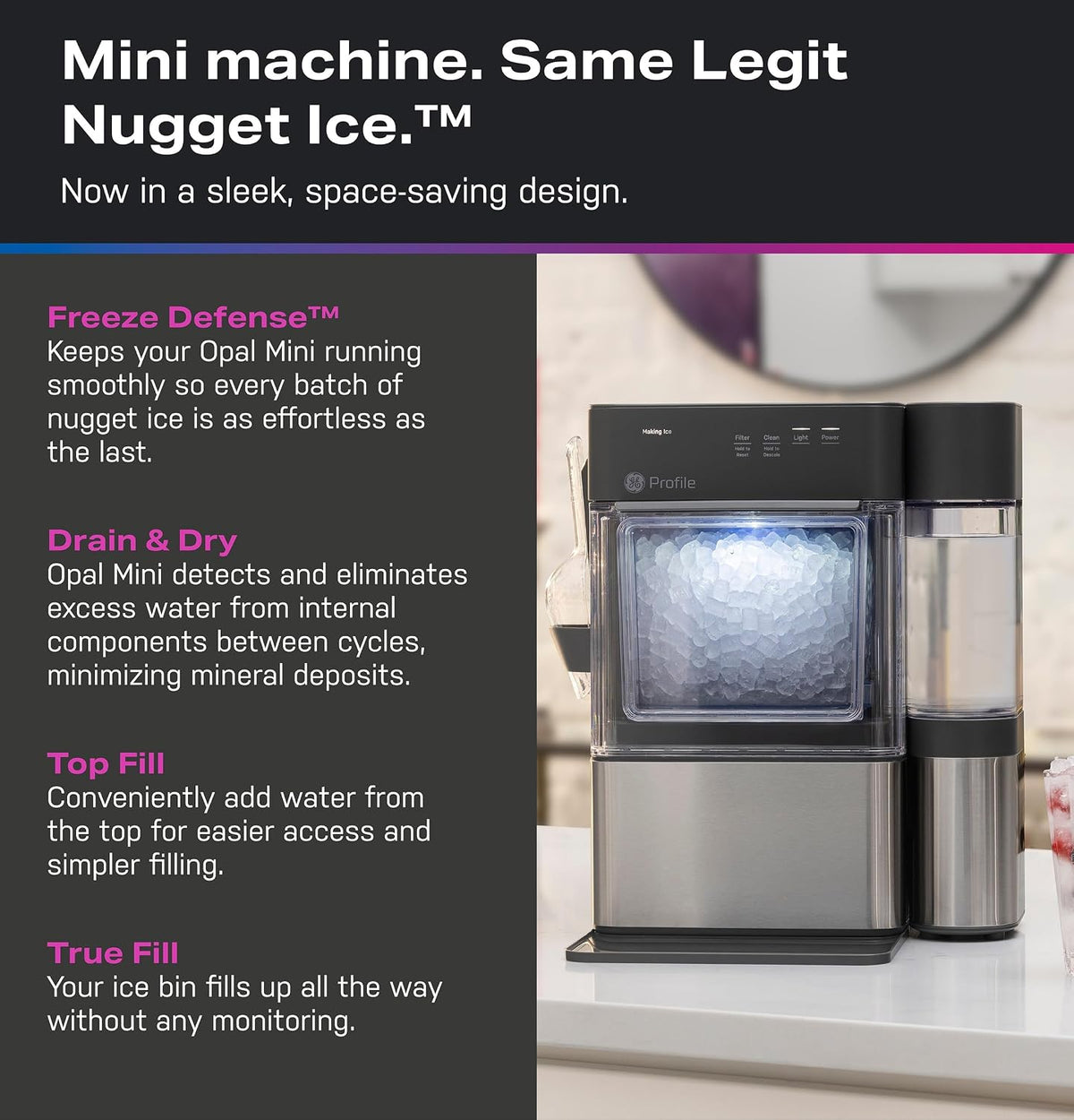 GE Profile Opal MINI PRO Nugget Ice Maker w/Side Tank, Portable Countertop Pebble Ice Machine, 36 lbs/Day, Top Fill, 6 Pack Descaler & Scoop, Stainless Steel Jansha Store