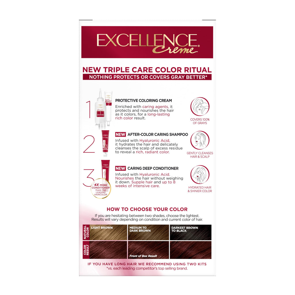 L'Oreal Paris Excellence Crème Permanent Hair Dye, Triple Care Hair Color with Hyaluronic Acid for 100% Gray Coverage, 4 Dark Brown, 1 Kit (Packaging May Vary) Jansha Store