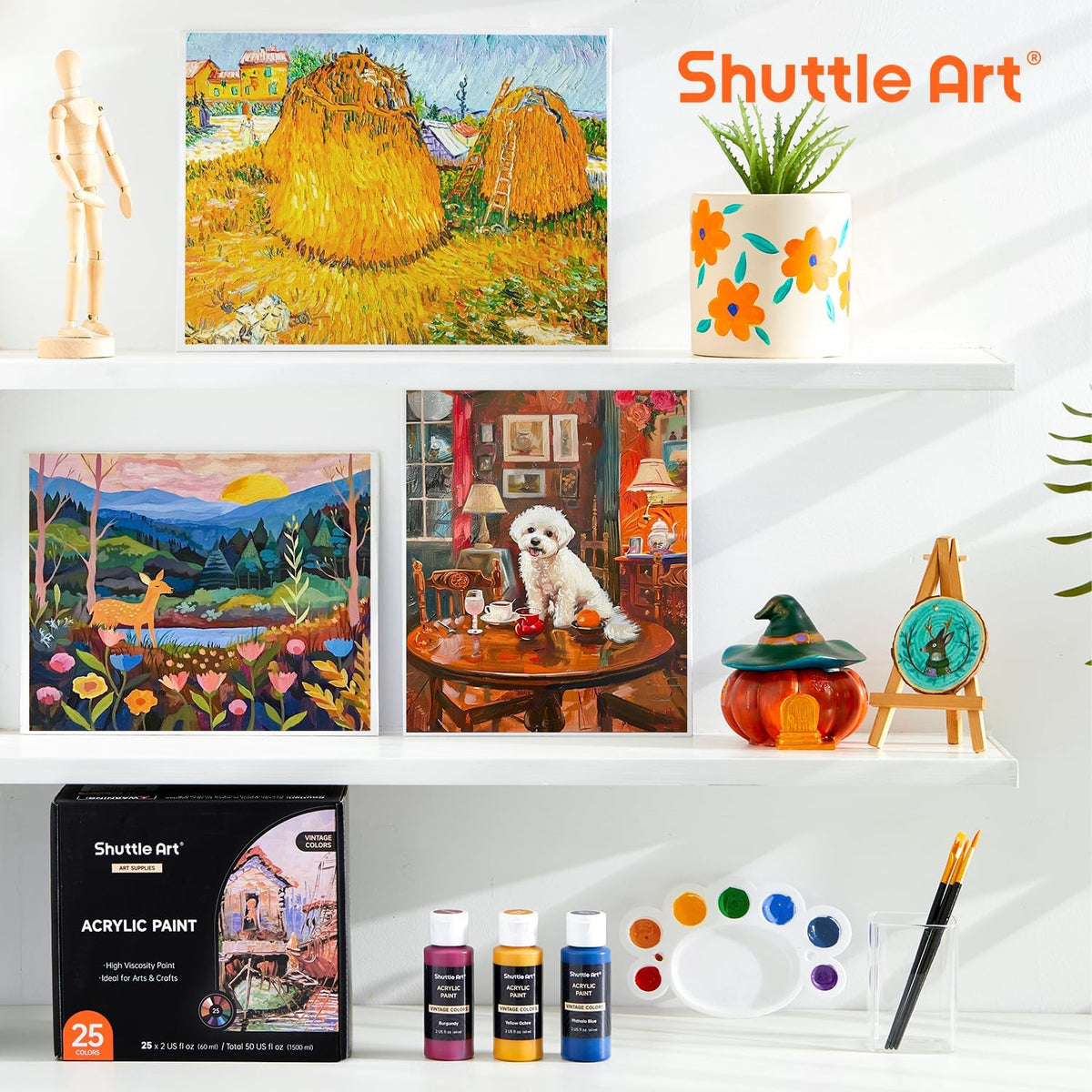 Shuttle Art Acrylic Paint, 36 Colors Acrylic Paint Set with Brushes & Palette, 2oz/60ml Bottles, Rich Pigments Non-toxic for Artists Kids & Adults, Painting on Canvas Rocks Ceramic Wood Jansha Store