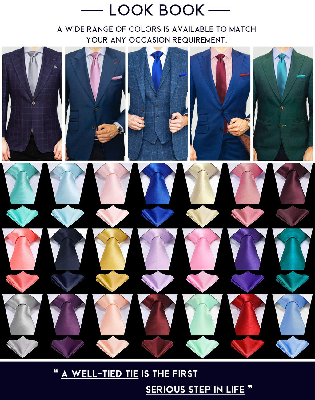 TIE G Solid Satin Woven dyed Color Formal Black Necktie and Pocket Square Sets in Gift Box Jansha Store