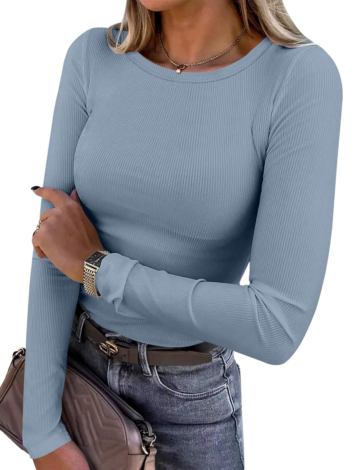 ANRABESS Women Long Sleeve Shirts Ribbed Fitted Tops Jansha Store