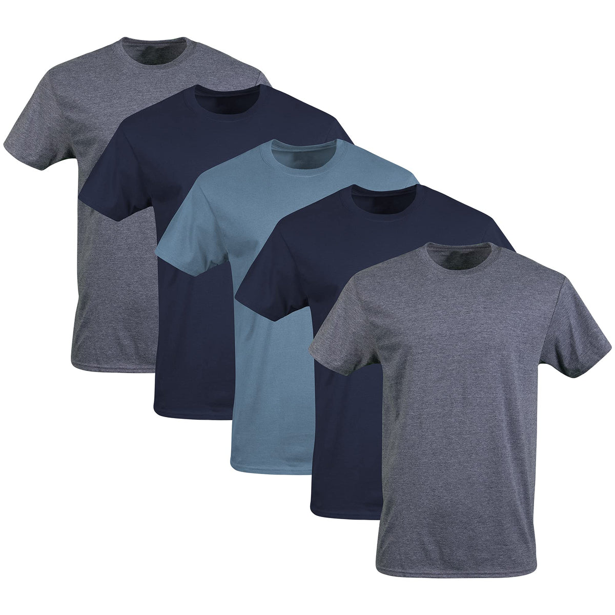 Men's crew neck T-shirt in navy, front view with ribbed neckline detail