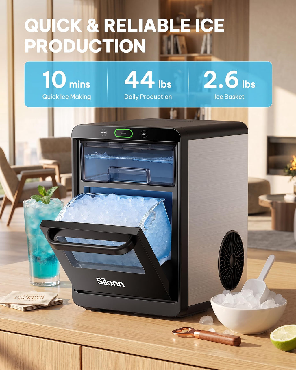 Silonn Ice Maker Countertop, 8 Bullet Ice Cubes in 6 Mins, 26.5 Lbs per Day, 2 Size Options, Self-Cleaning & Portable for Kitchen, Office, Party, RV Camping Jansha Store