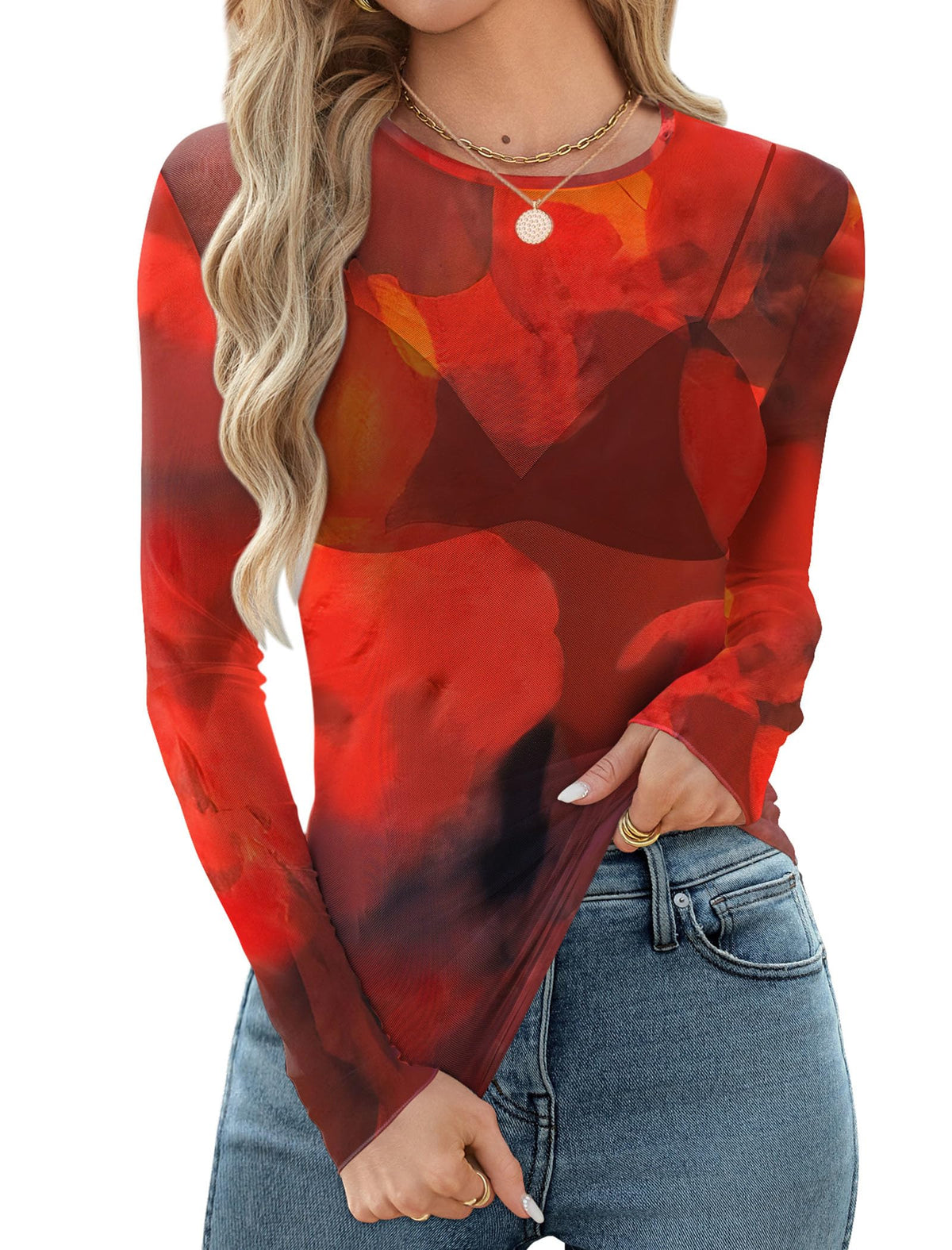 OFEEFAN Womens Mesh Tops Lace Long Sleeve Shirts Crewneck Slim Fitted Outfits See Through Blouses Jansha Store