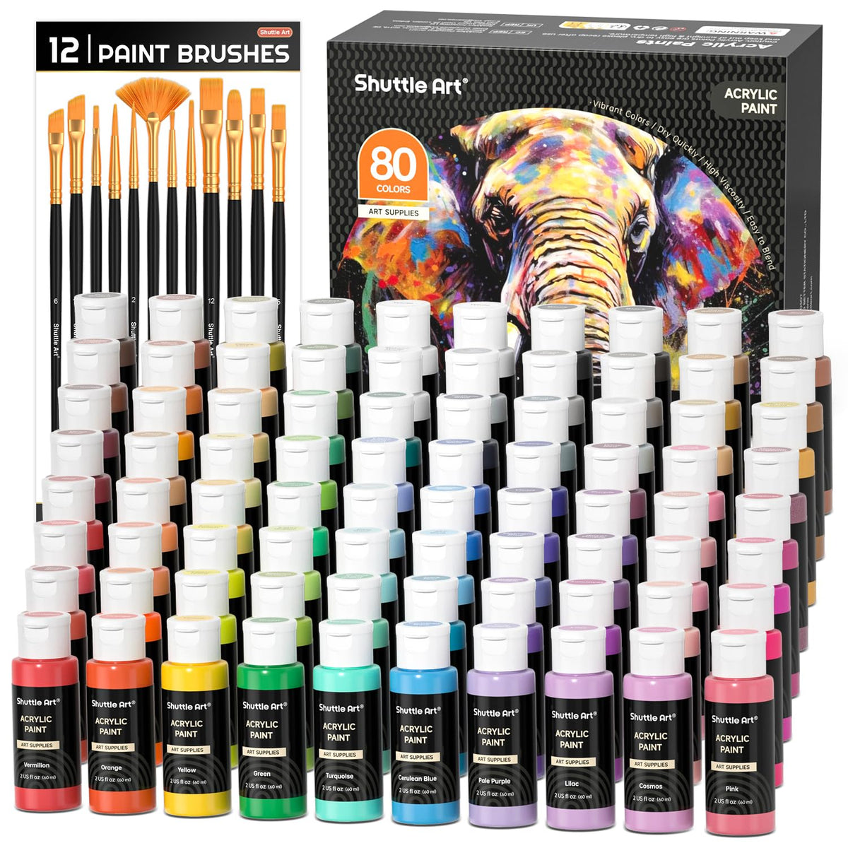 Shuttle Art Acrylic Paint, 36 Colors Acrylic Paint Set with Brushes & Palette, 2oz/60ml Bottles, Rich Pigments Non-toxic for Artists Kids & Adults, Painting on Canvas Rocks Ceramic Wood Jansha Store